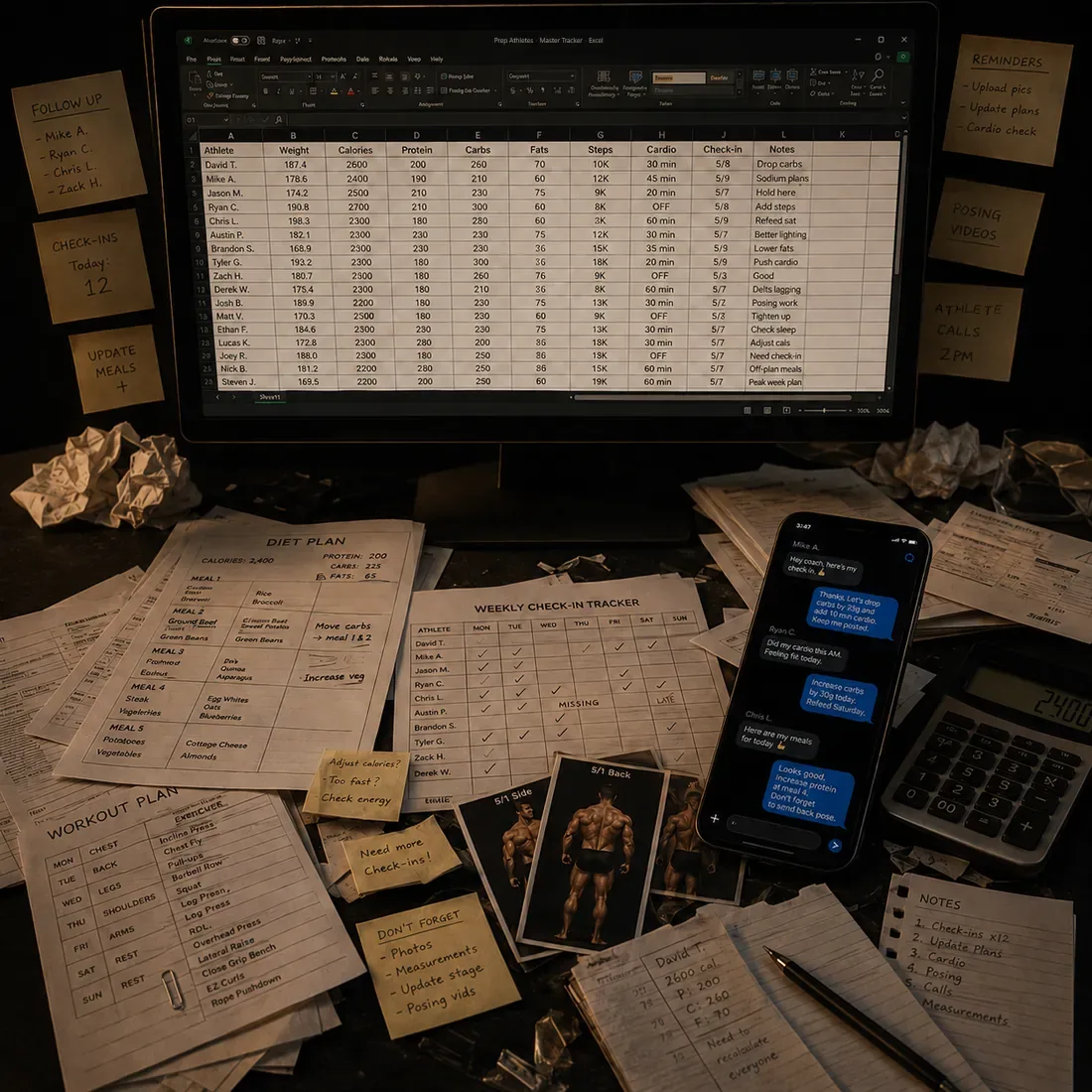 A cluttered desk with a spreadsheet athlete tracker, paper diet plans, sticky notes and a phone full of texts