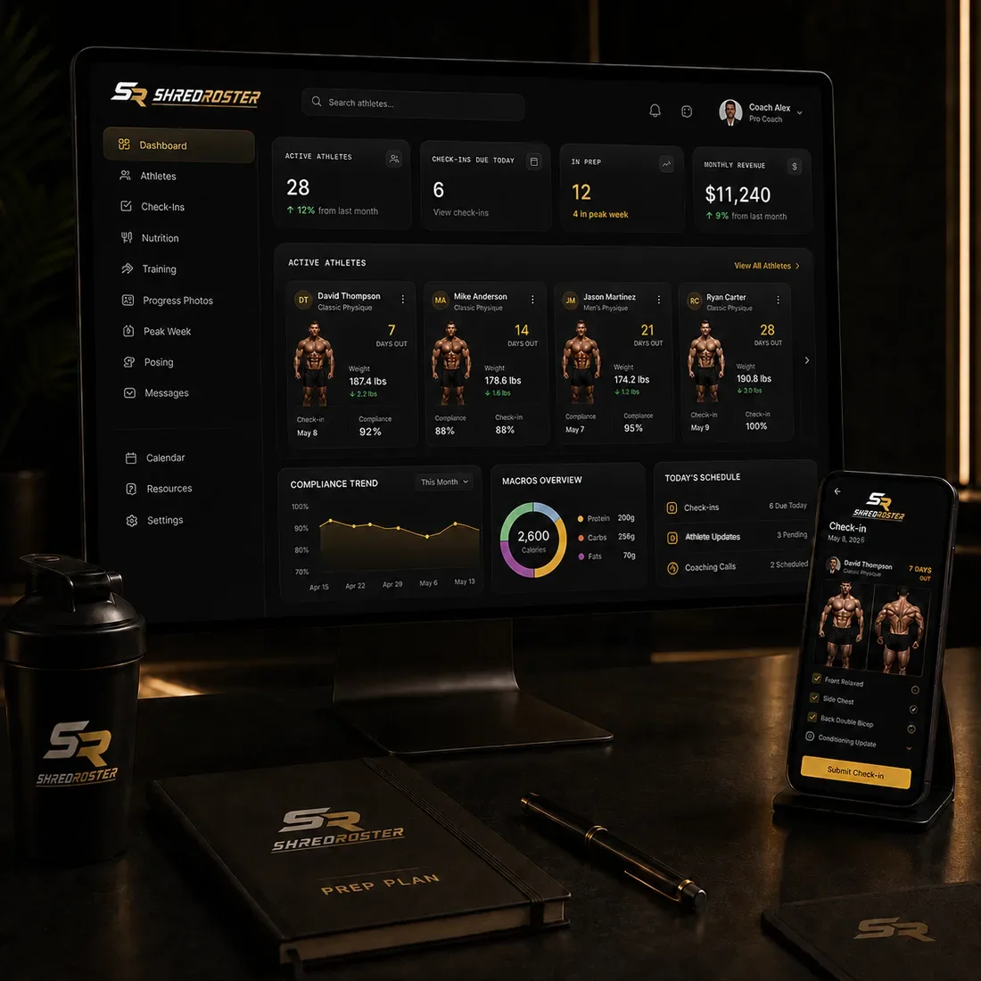 The ShredRoster dashboard on a monitor with a check-in screen on a phone beside it