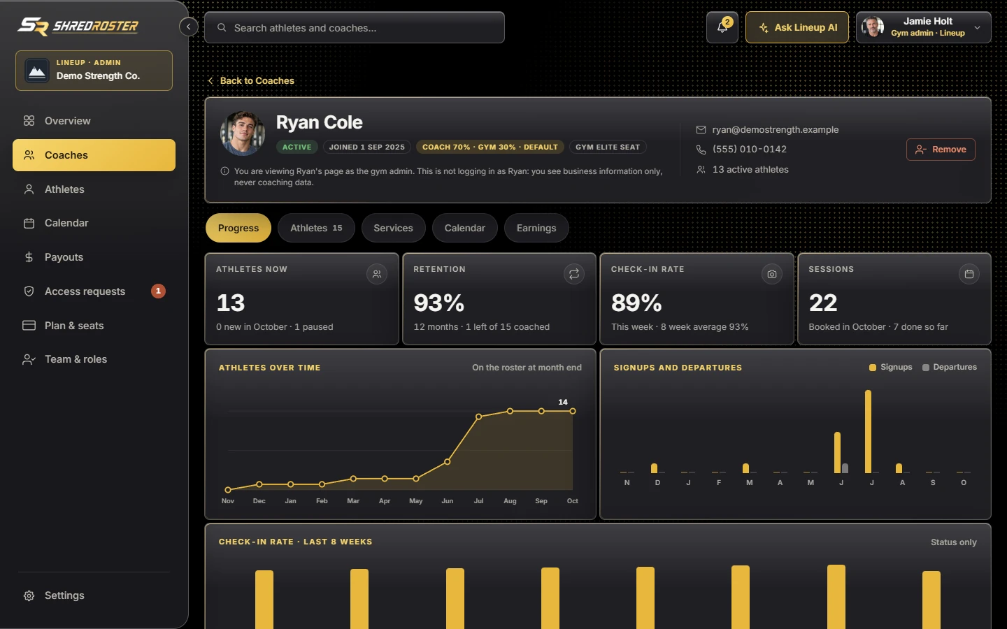 A coach page with the coach's photo, tabs for progress, athletes, services, calendar and earnings, and progress charts. Sample data.