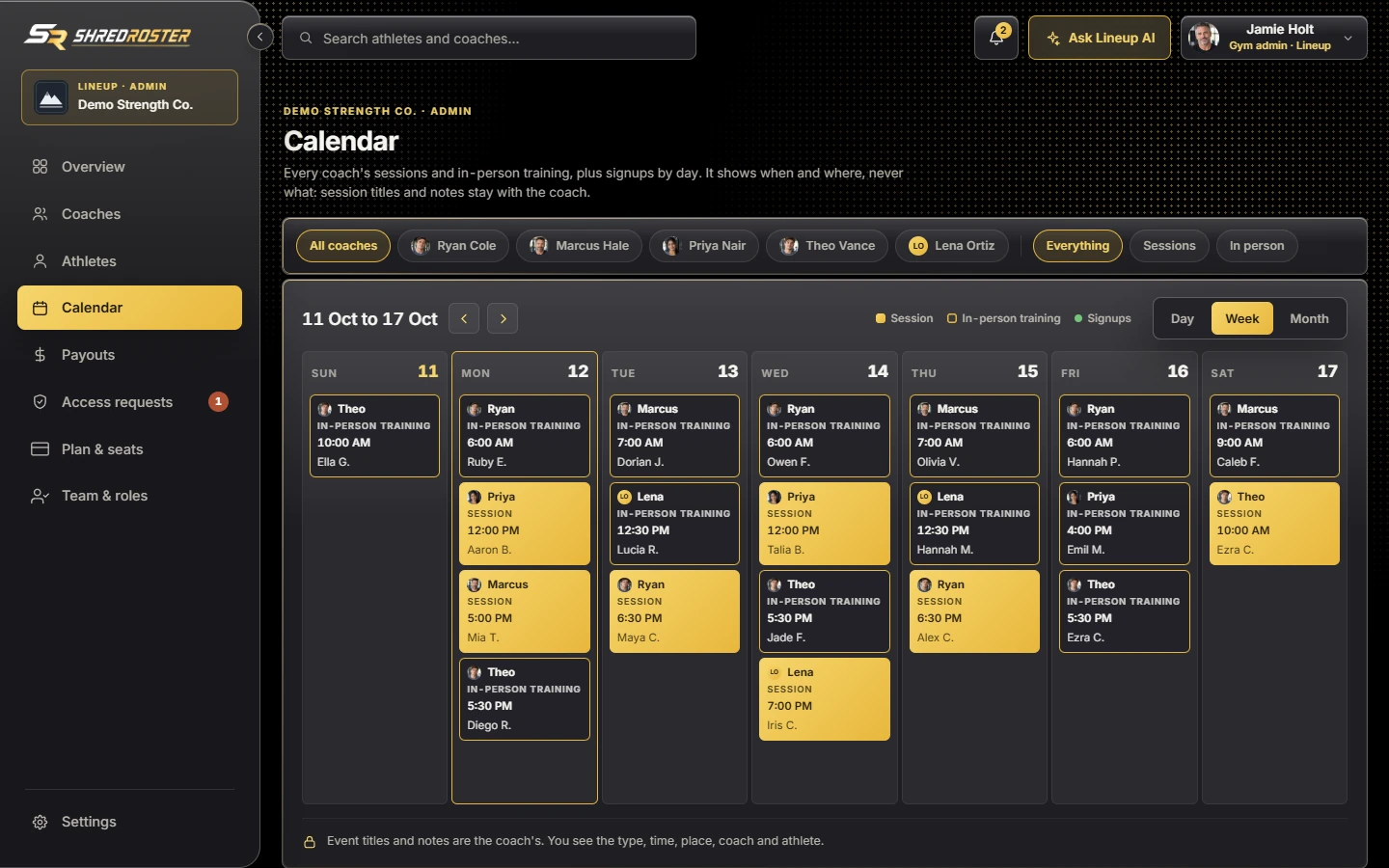The gym calendar, week view, with every event showing the coach's photo. Sample data.