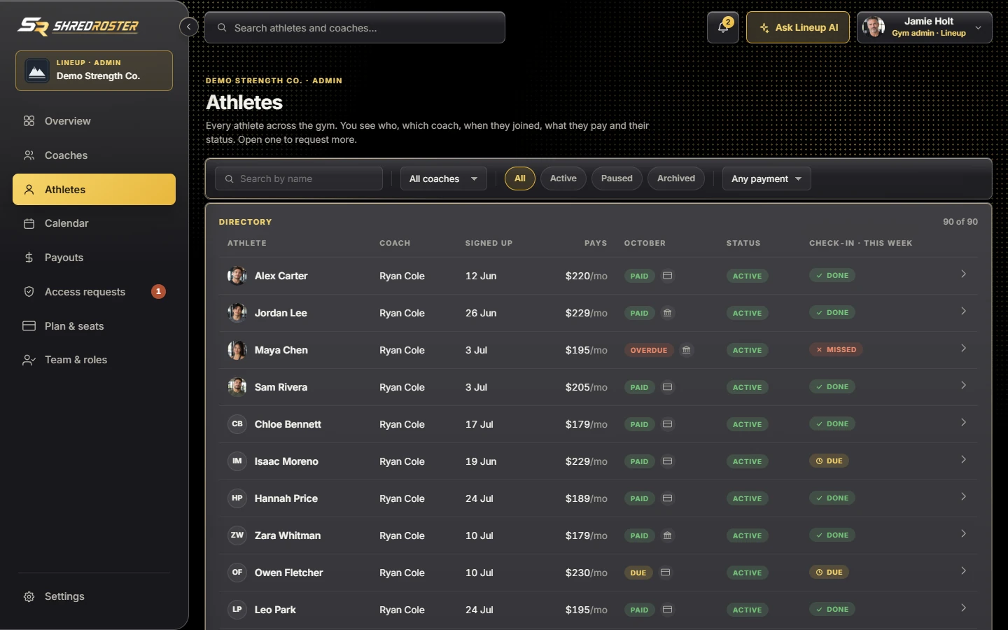 The athlete directory with business details only. Sample data.