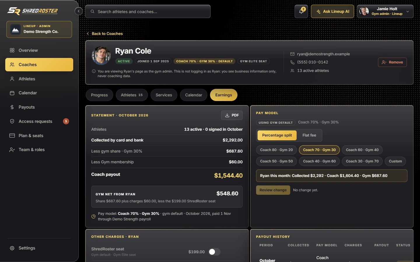 The pay model picker on a coach's earnings tab, set to a percentage split with presets. Sample data.