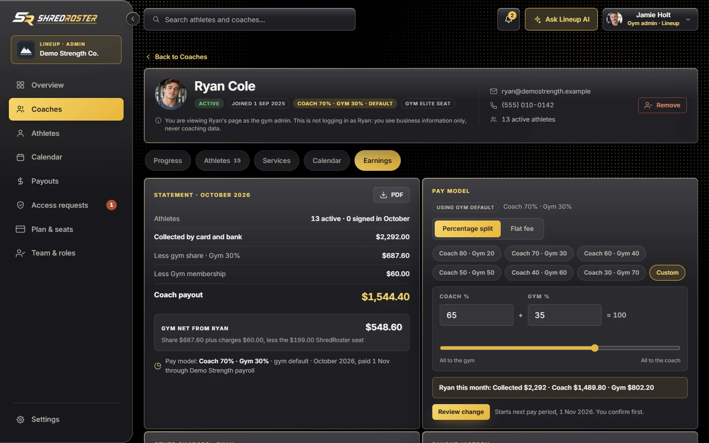 The pay model picker set to a custom percentage split. Sample data.