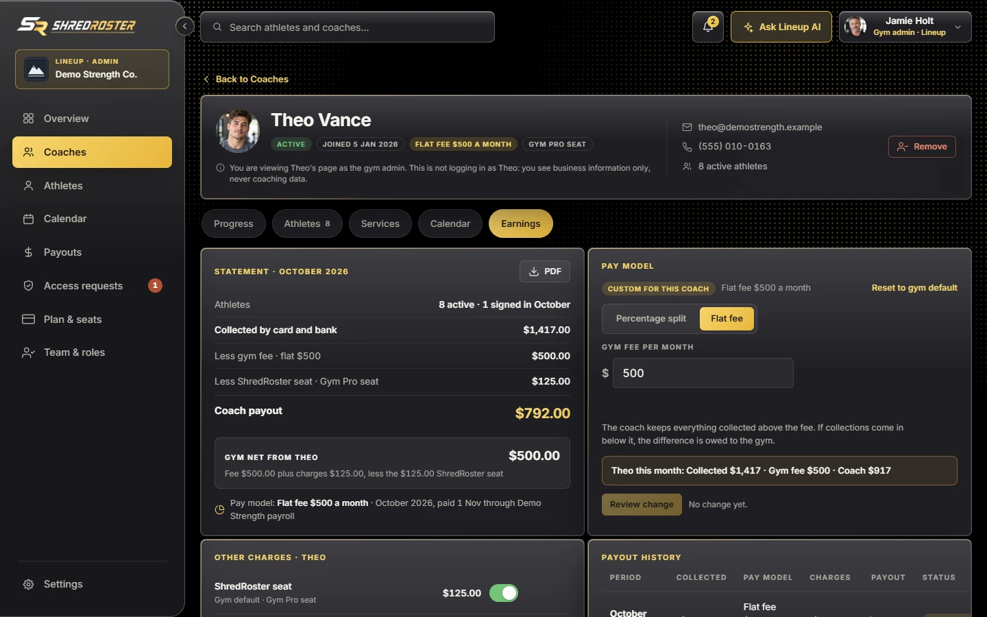 The pay model picker set to a flat monthly fee. Sample data.