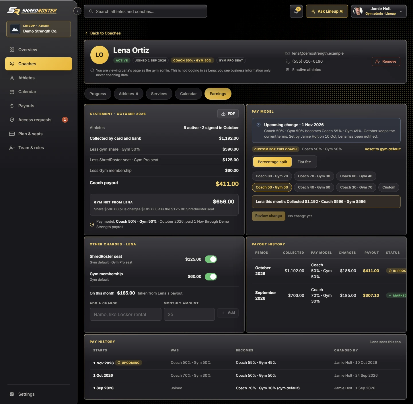 One coach's monthly payout statement in the owner view, with a PDF export. Sample data.