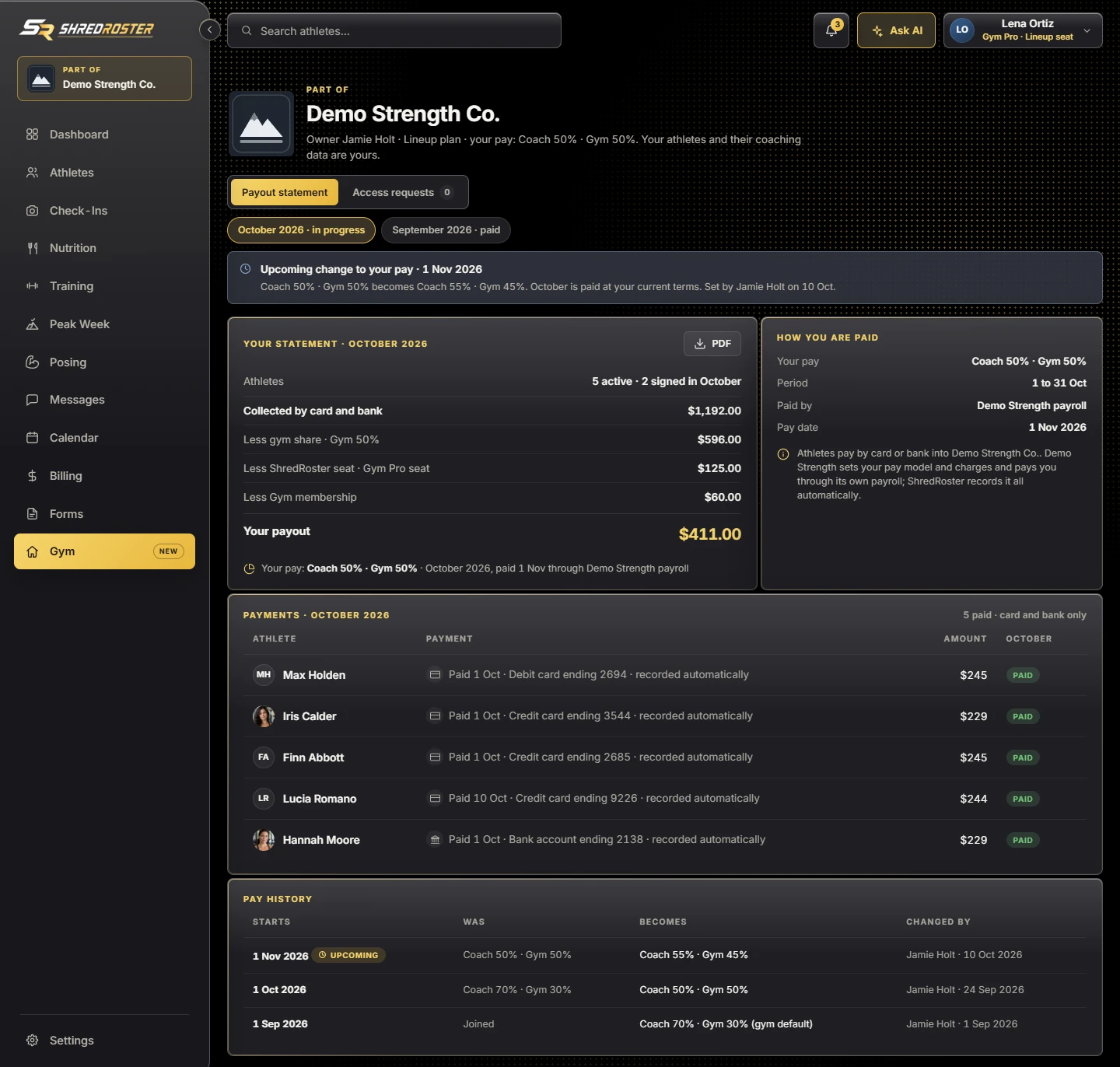The coach's own payout statement, seen from the coach side. Sample data.