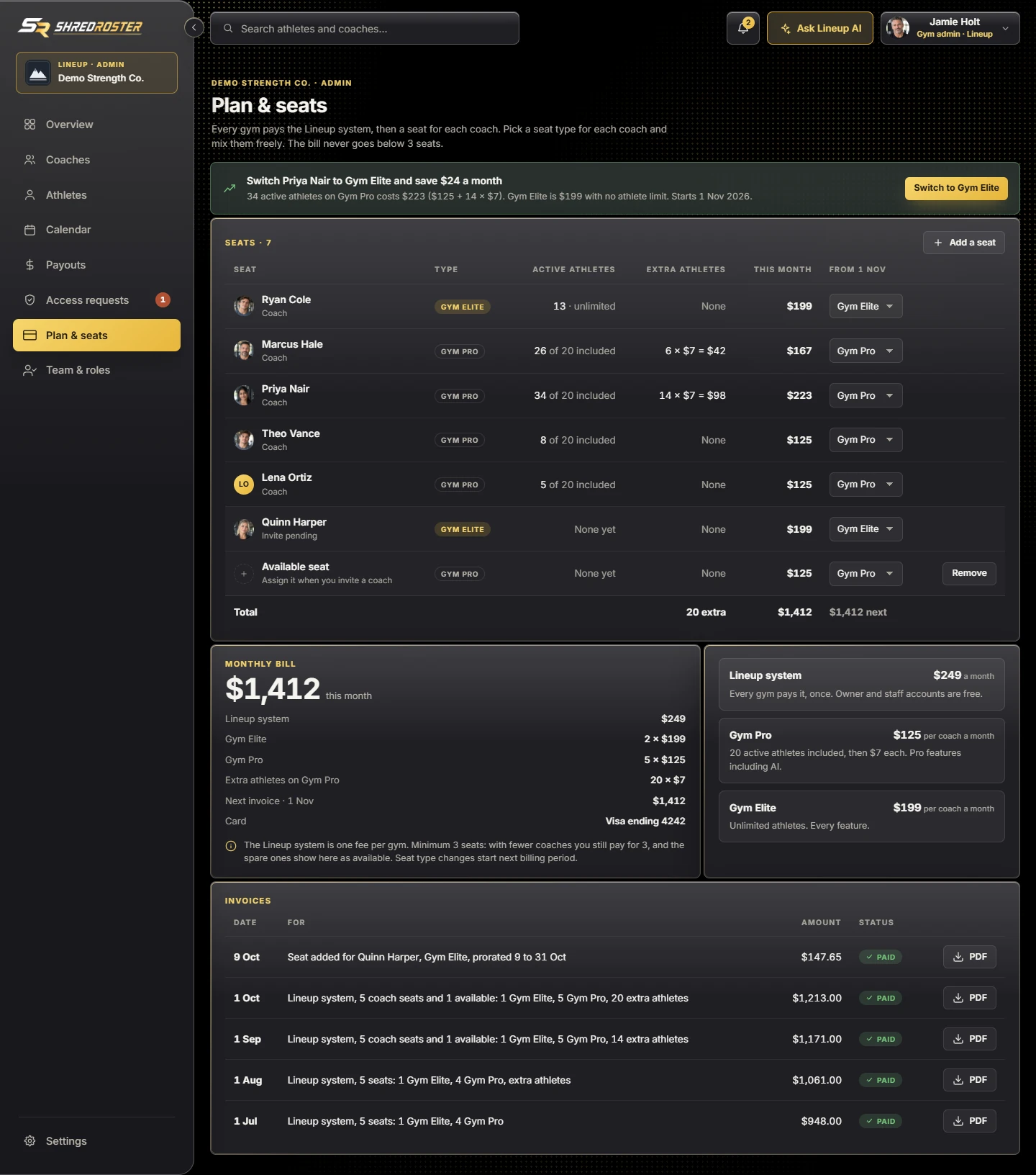 Plan and seats, with Gym Pro and Gym Elite seats mixed, extra athletes and an available seat. Sample data.