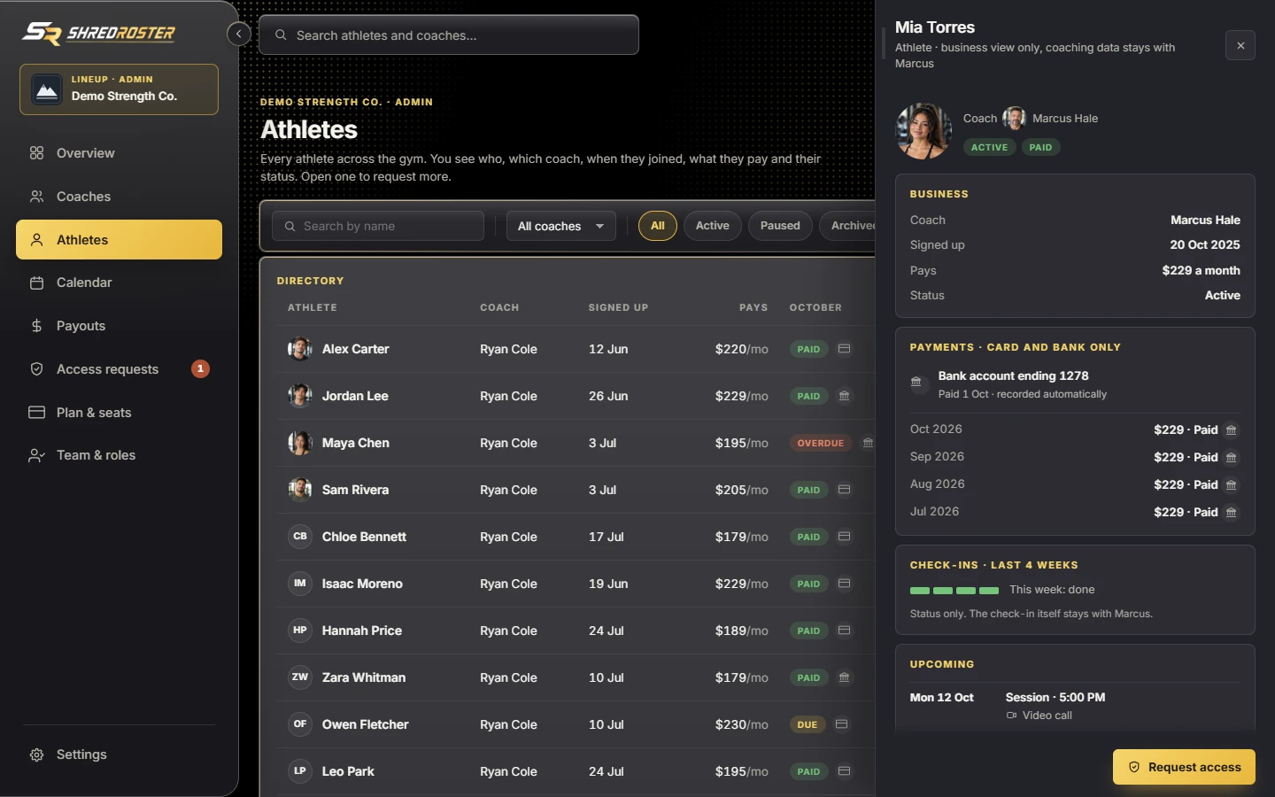 An athlete's business detail at a Lineup gym, with a card or bank payment method. Sample data.